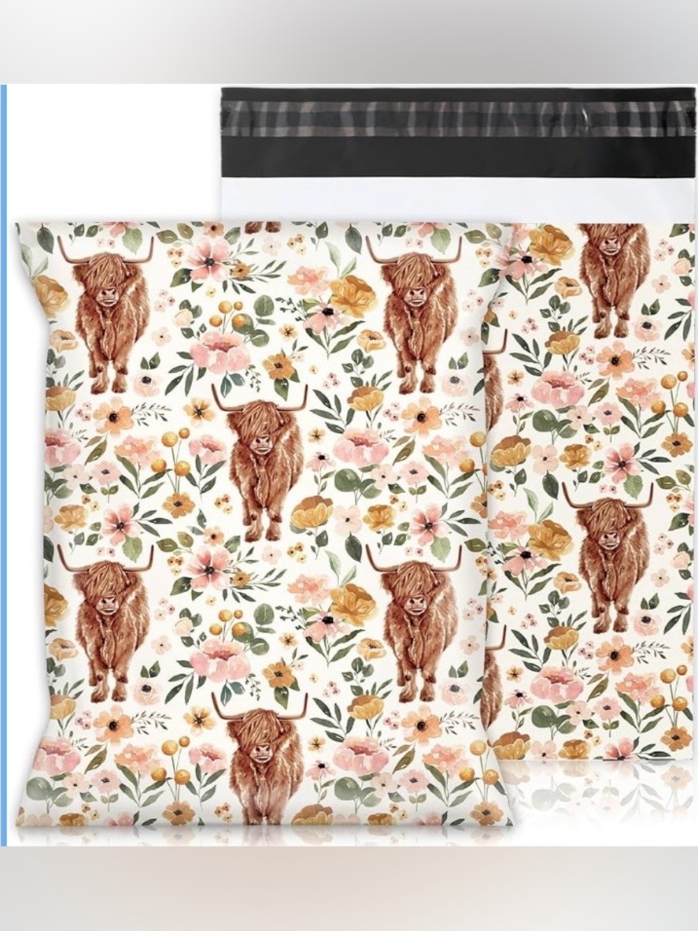Highland Cow Floral Poly Mailers Set of 20 10x13 Boutique Waterproof Self Seal